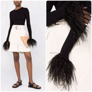 New! Manuri Elektra Ostrich Feather-Trim Stretch Blouse in black 🖤 XS